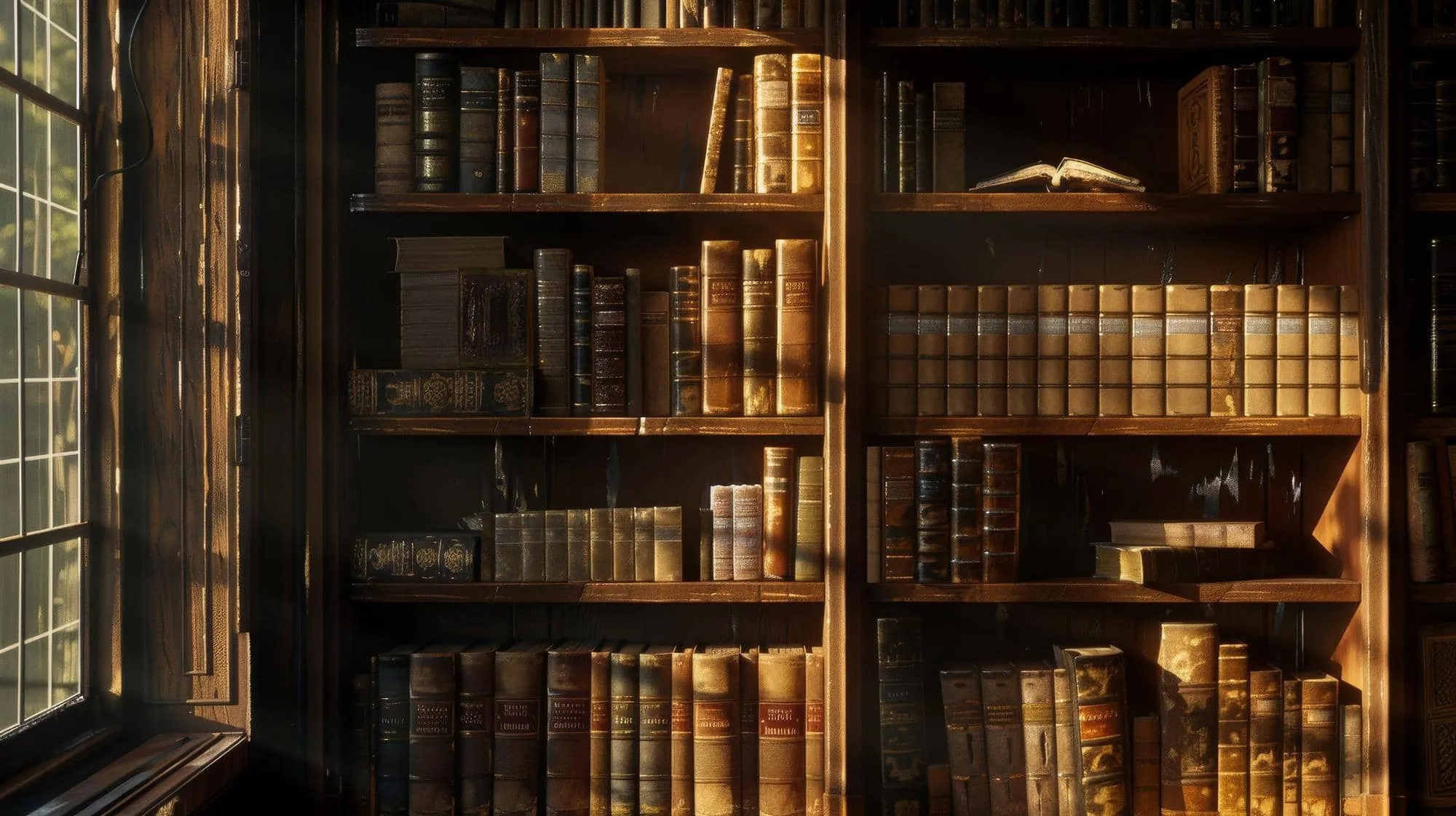 Bibliothèque ancienne baignée de lumière dorée, rayonnages de livres reliés près d'une fenêtre