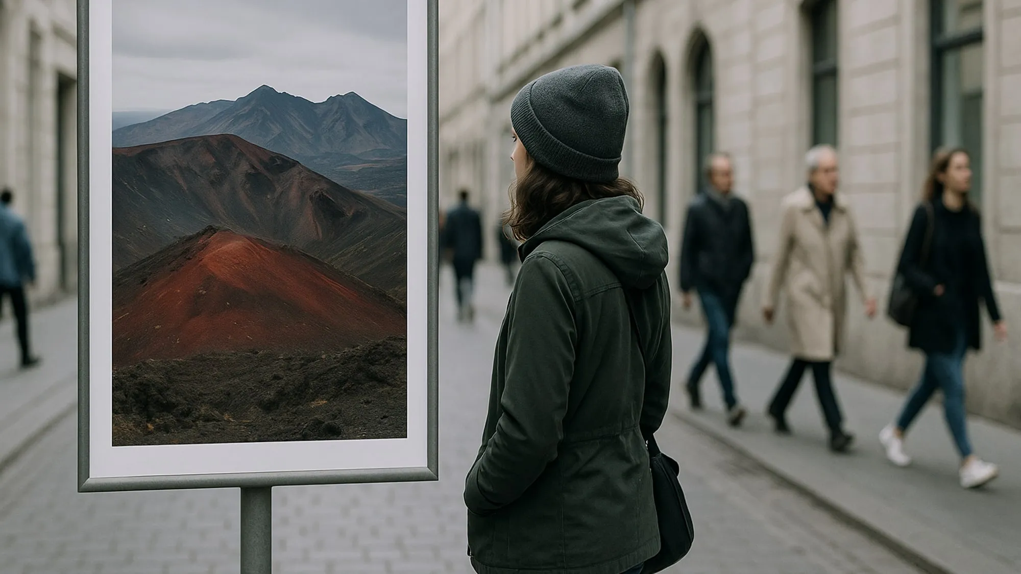 Une personne s'arrête devant une photographie de volcan exposée dans la rue pendant que des passants poursuivent leur chemin