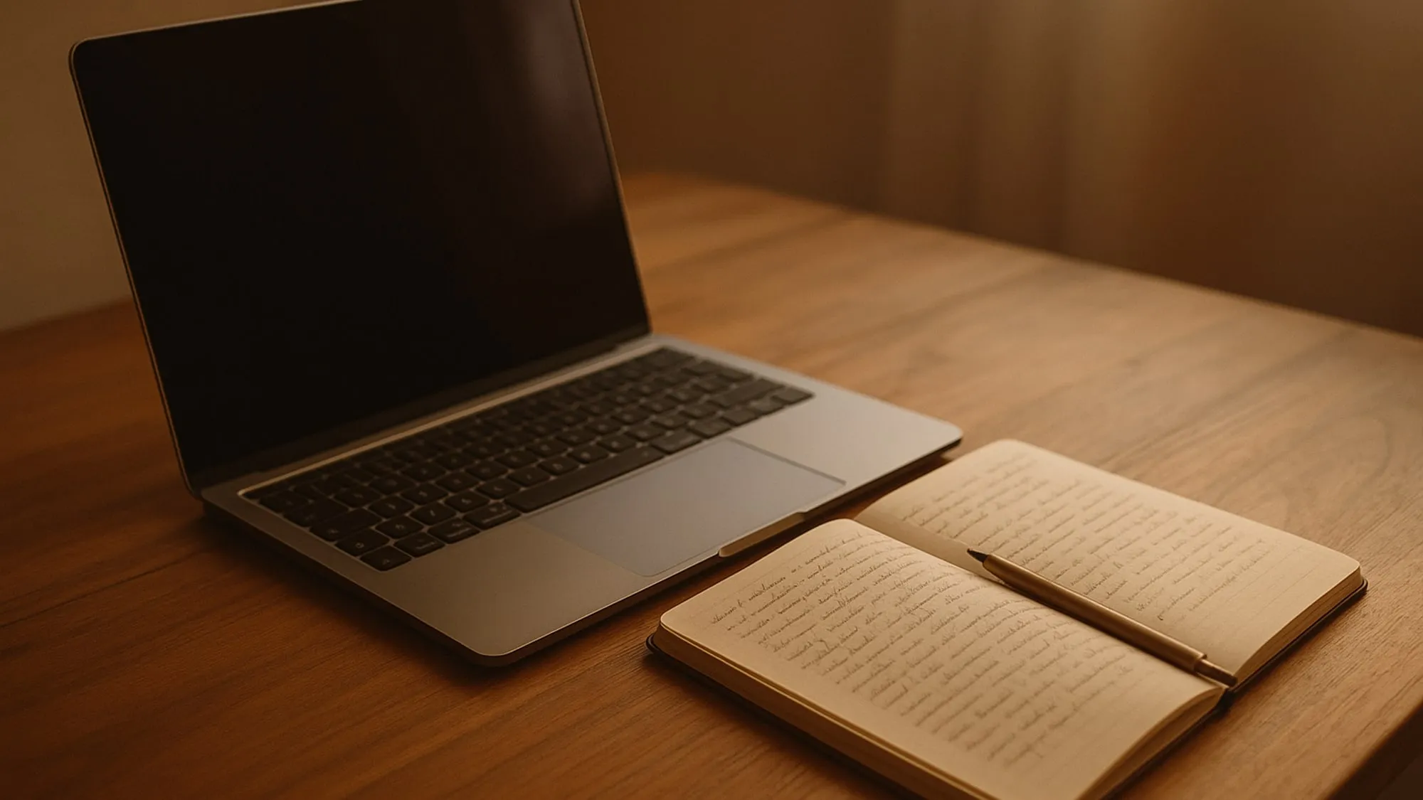 Carnet ouvert et ordinateur portable sur un bureau en bois, lumière d'après-midi tamisée