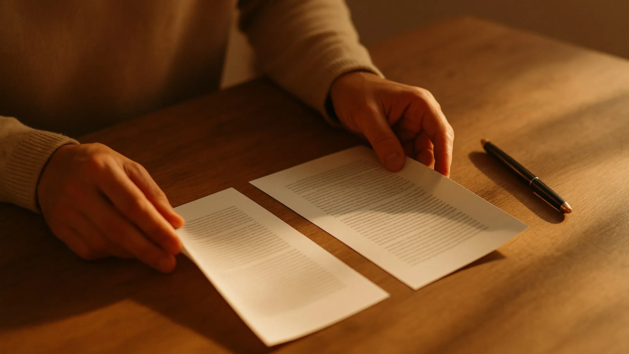 Deux mains comparent deux feuilles imprimées posées côte à côte sur une table en bois, lumière d'après-midi