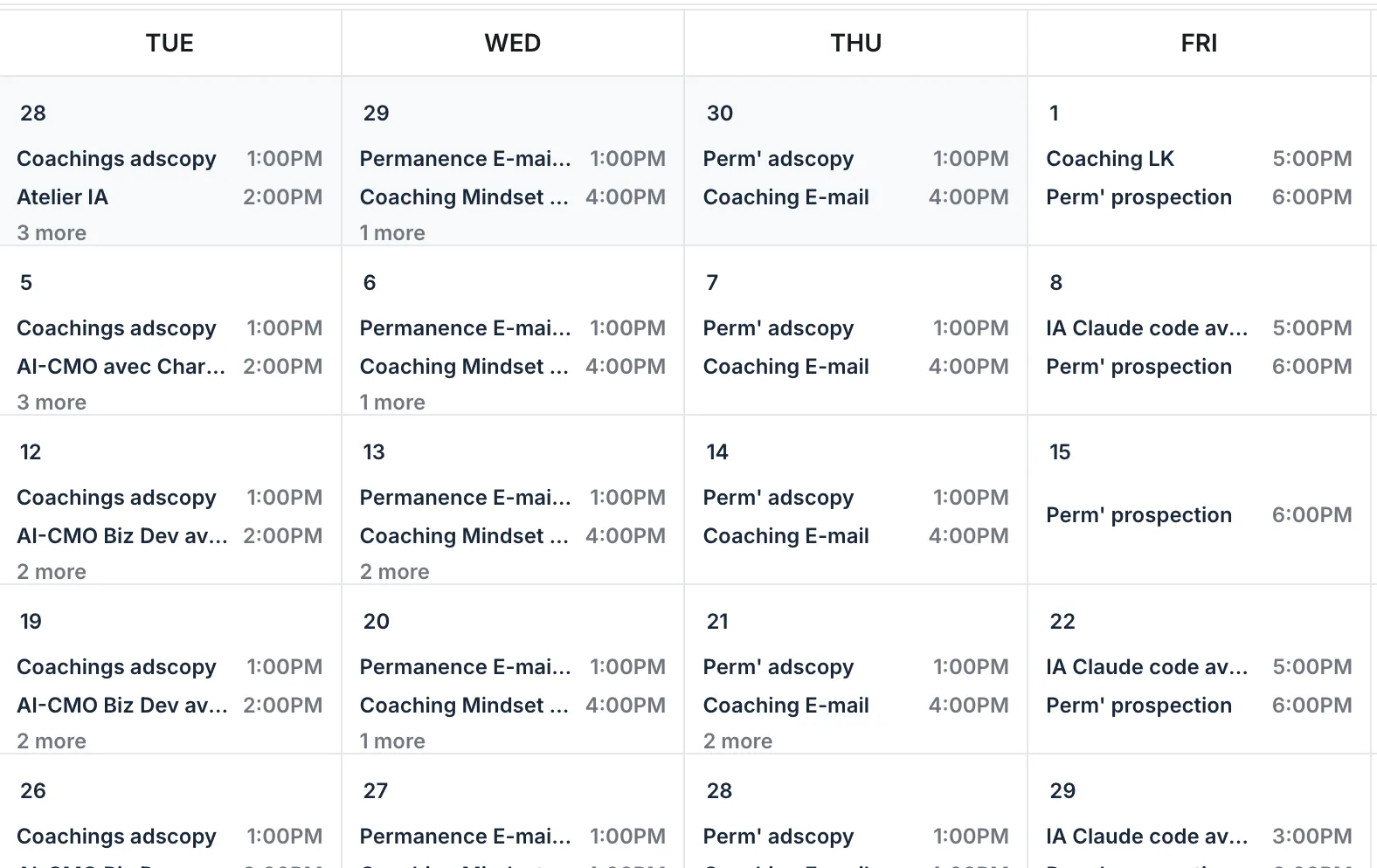 Planning des coachings quotidiens Copy House : marketing, copywriting et IA