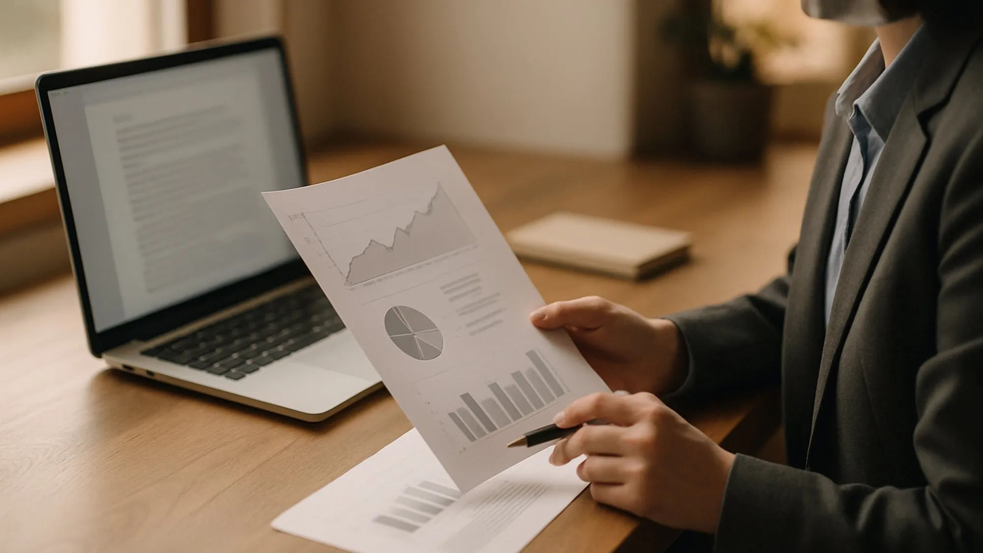 Personne en veste examinant un rapport imprimé couvert de graphiques, à côté d'un ordinateur portable
