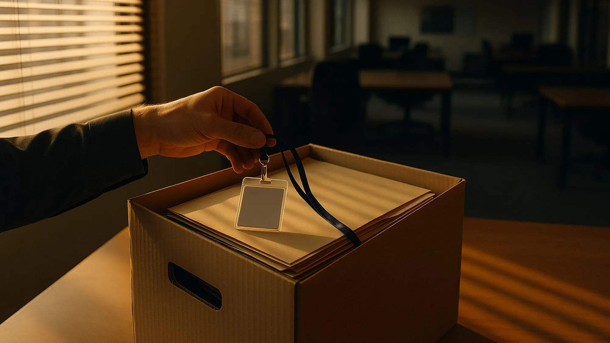 Une main dépose un badge professionnel sur des dossiers rangés dans un carton