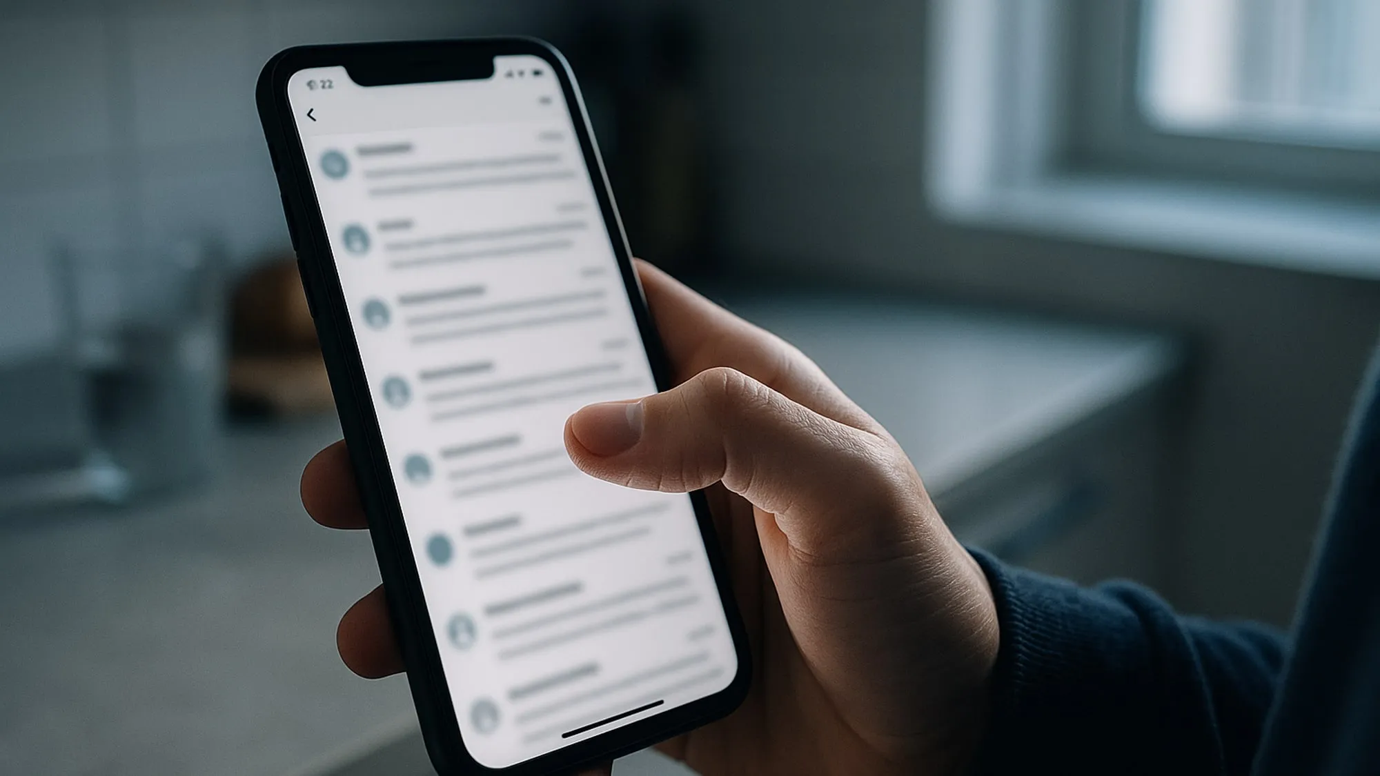 Une main fait défiler une liste de messages sur un smartphone près d'une fenêtre
