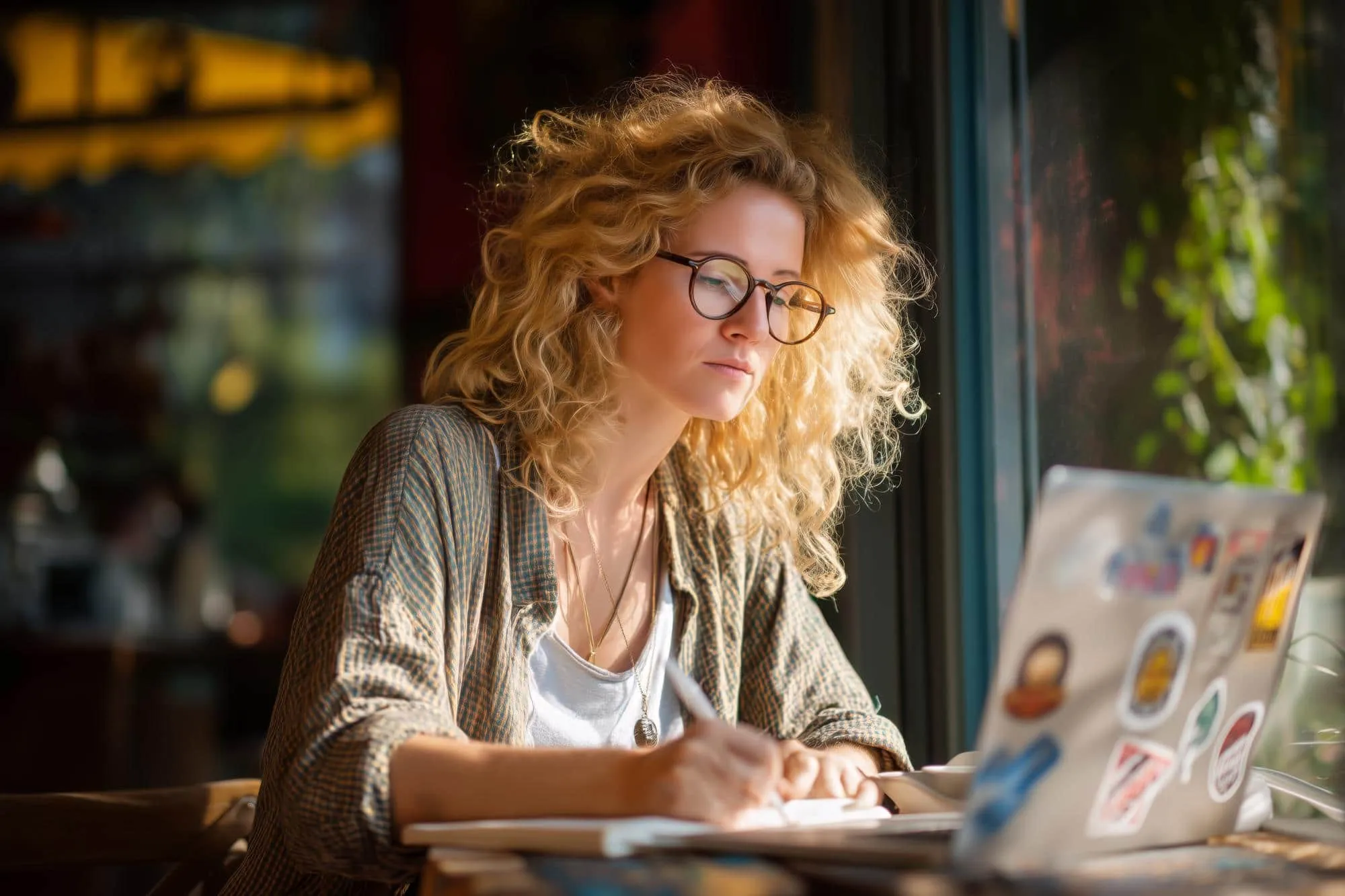Femme blonde à lunettes prenant des notes à la terrasse d'un café, en contre-jour