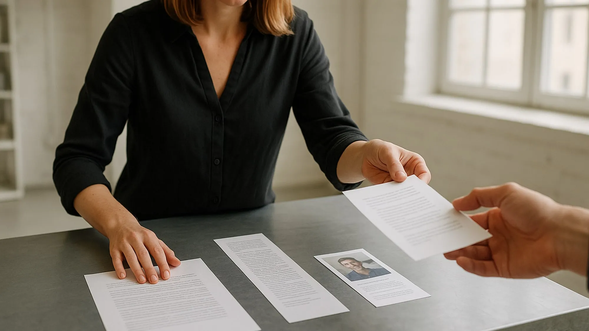 Une personne tend une feuille à une autre devant des documents imprimés de différents formats