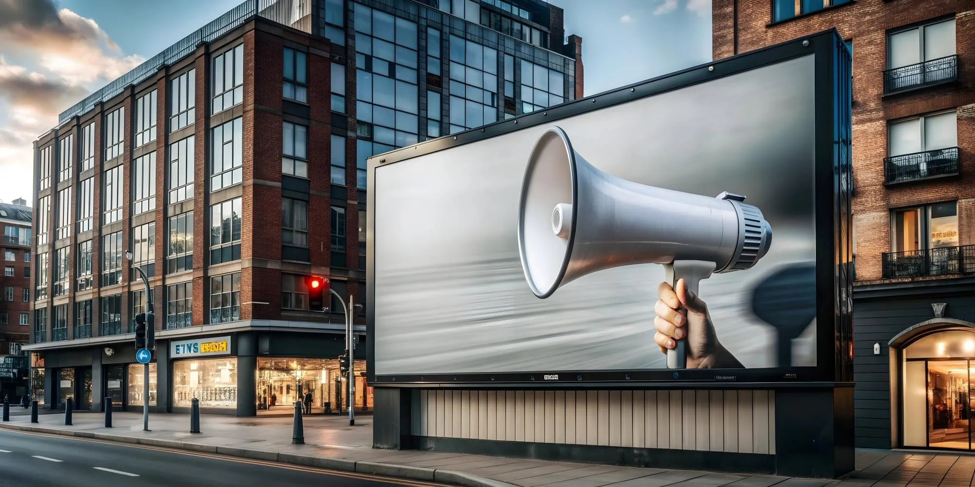 Panneau publicitaire montrant un mégaphone, au bord d'une rue en ville