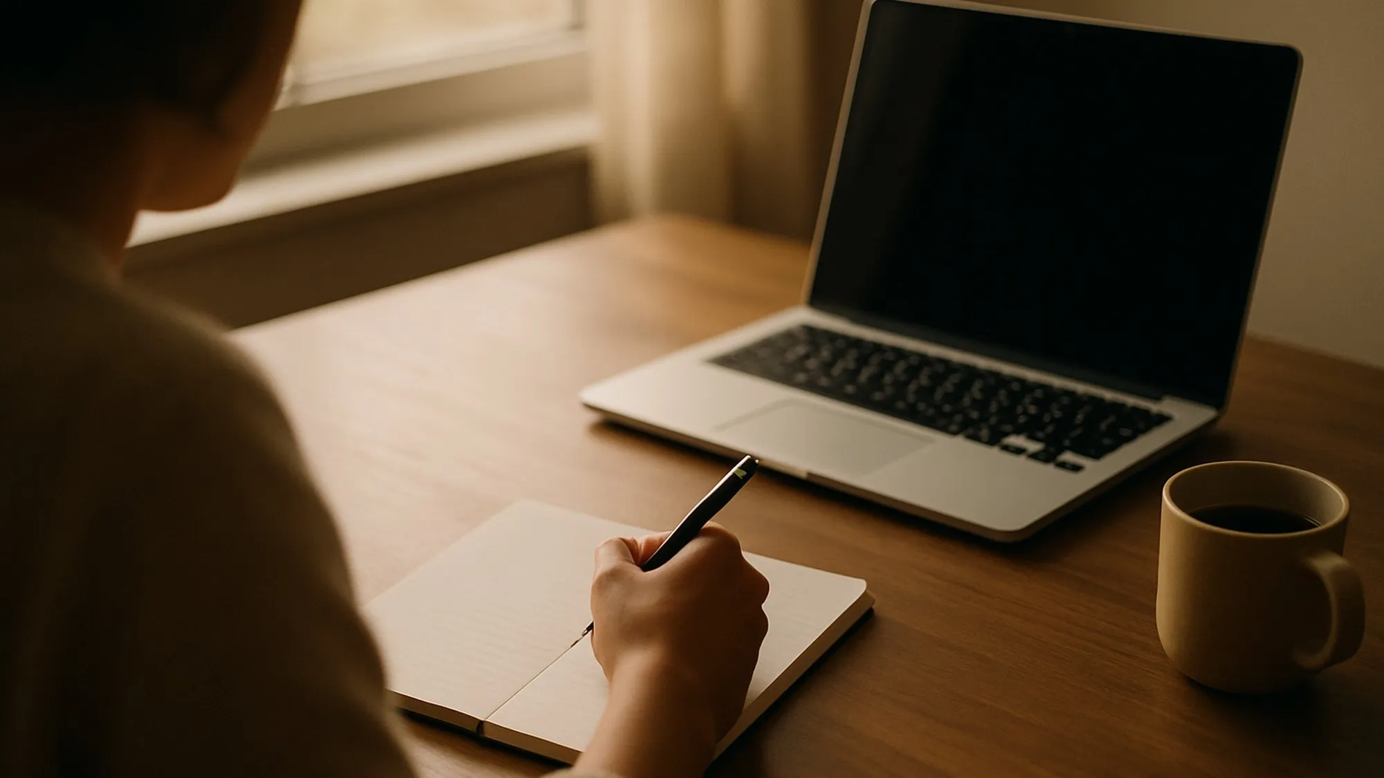 Personne écrivant au stylo dans un carnet ouvert, devant un ordinateur portable et une tasse de café