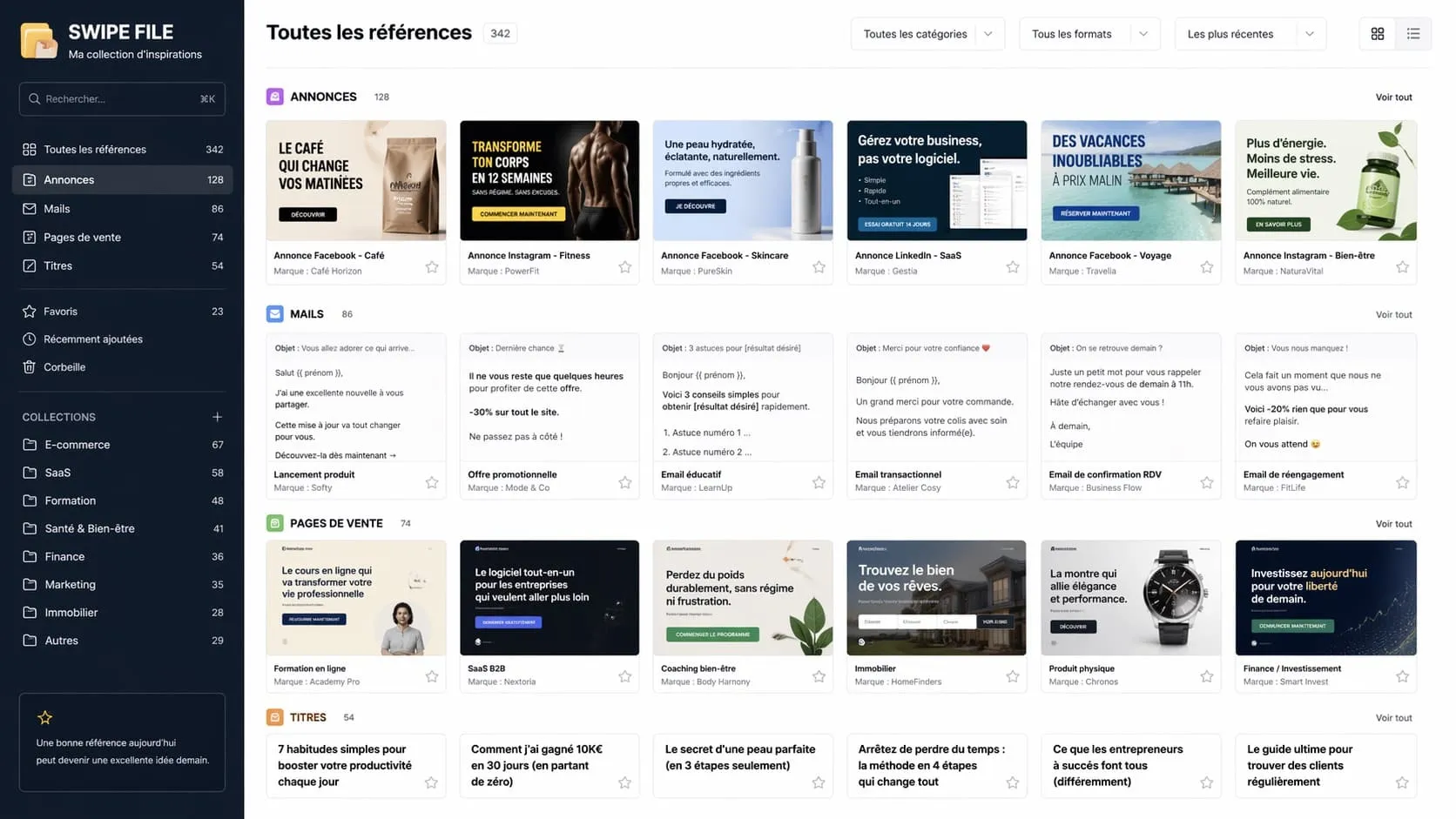 Interface d'une bibliothèque de références classant annonces, mails, pages de vente et titres