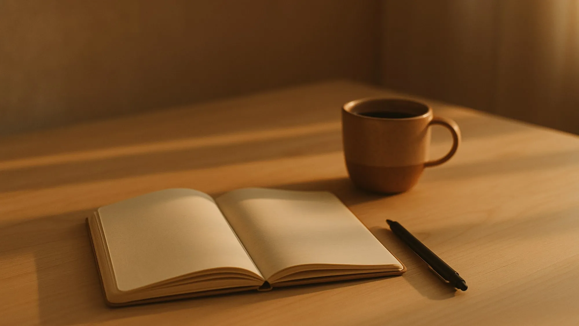 Bureau en bois clair avec un carnet ouvert, un stylo et une tasse de café, lumière chaude de fin d'après-midi